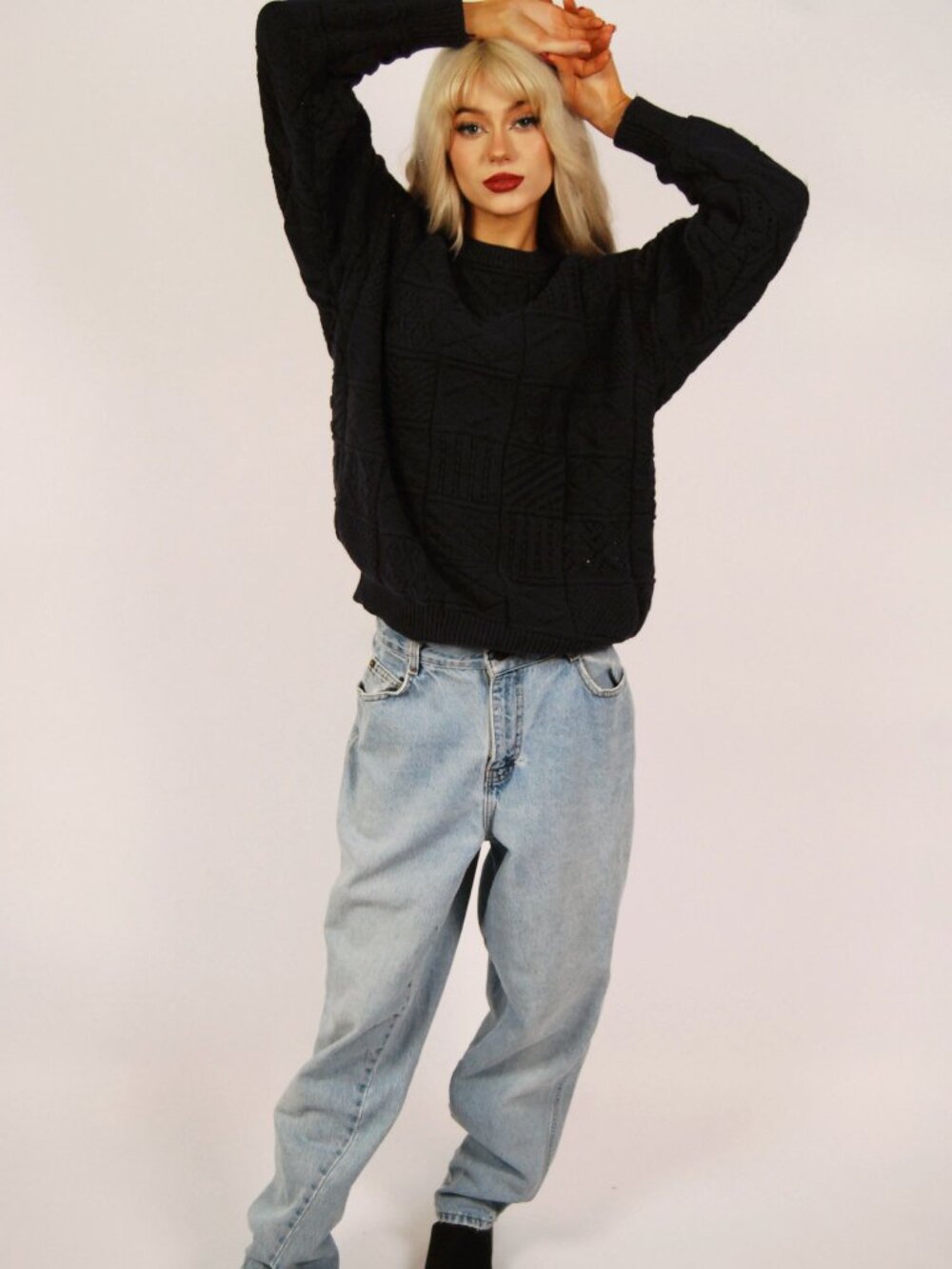 90s Geometric Sweater (L) large black vintage knit winter ski baggy preppy skate